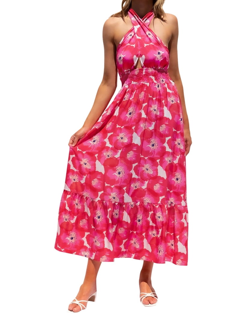 ZIYIXIN Women Summer Boho Floral Print Maxi Dress Crossover Halter Neck  Sleeveless Backless Long Flowy Dress Rose Red L - Walmart.com