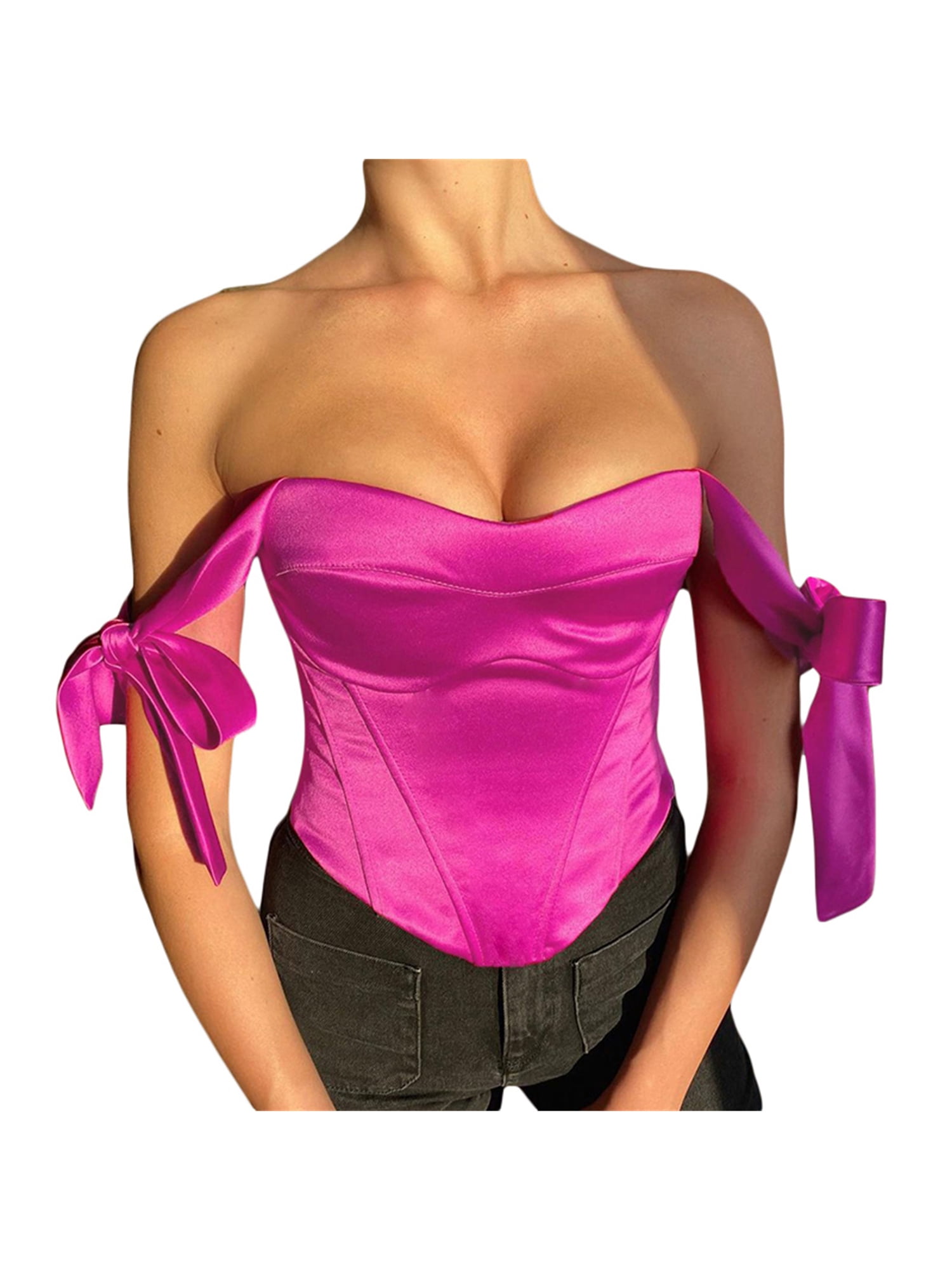 B91xZ Shirts For Women Womens Corset Top Bustier Corset Top Tight Fitting  Corset Tank Top Suspender Top Solid Short Hot Pink, S 