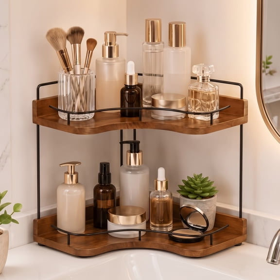 ZIYOGIFT 2-Tier Wooden Corner Counter Organizer, Light Walnut