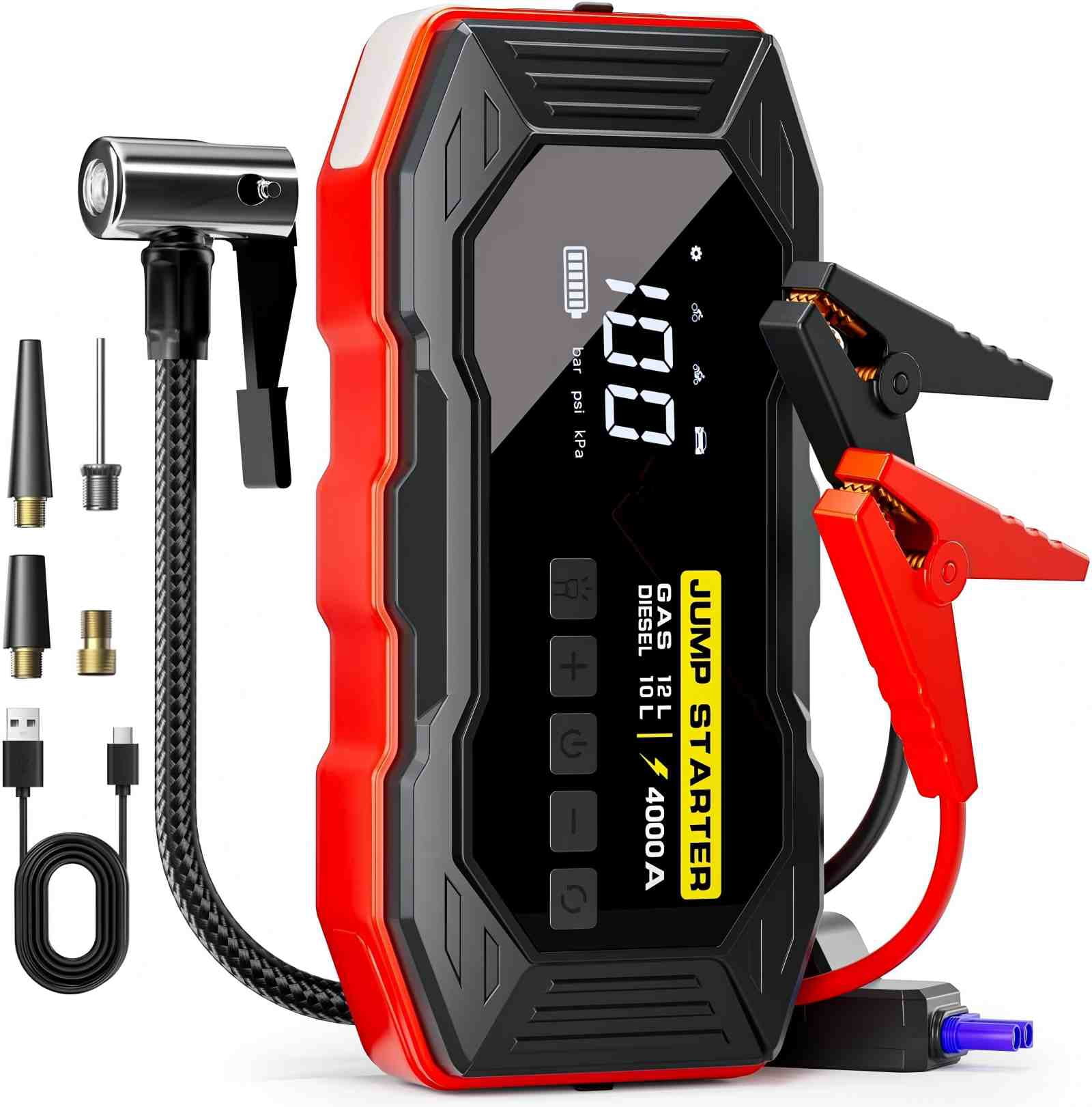 ZIYOGIFT Emergency Car Battery Jump Starter with Air Compressor, 4000A ...