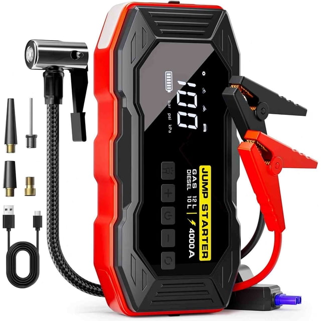 140 Compressor ZIYOGIFT Emergency Car Battery Jump Starter with Air Compressor, 4000A ...