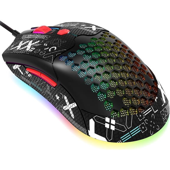 ZIYOU LANG M5 RGB Lightweight Wired Gaming Mouse with 12000 DPI 6 Programmed Buttons,65G Honeycomb Shell,Pixart 3325(Black-Red)