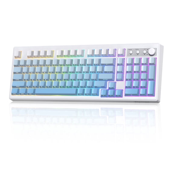 Freewolf-ZIYOULANG K100 99 Keys Gaming Membrane Wireless Tri-Mode BT/2.4GHz/USB-C Computer Keyboard with Media Knob & Side Printed Keys, Blue