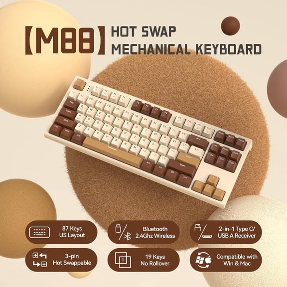 ZIYOULANG M88 Wireless Gaming Keyboard, Hot Swappable TKL Mechanical Keyboard, Bluetooth/2.4Ghz Dual Mode Connect, Type C/USB A 2-in-1 Receiver, 87 PBT Keycaps Red Switch for PC/MAC - Milk Tea