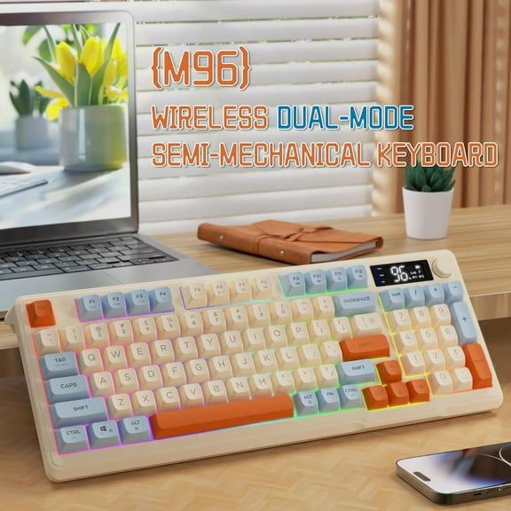 ZIYOULANG M96 Dual Mode Wireless Gaming Keyboard with 2.4G & BT5.0, 90% Membrane Semi-mechanical Keyboard with Smart Display & Knob-Blueberries
