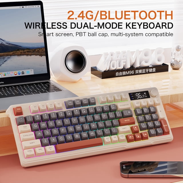 ZIYOULANG M96 Dual Mode Wireless Gaming Keyboard with 2.4G & BT5.0, 90% Membrane Semi-mechanical Keyboard with Smart Display & Knob-Coffee