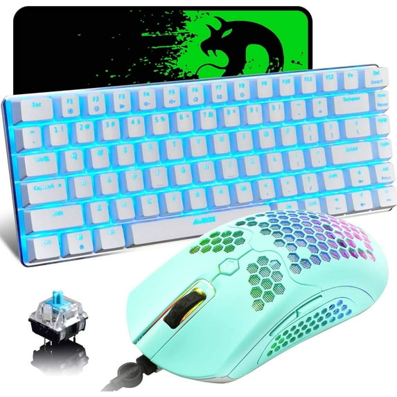 ZIYOULANG Mechanical Keyboard 60% Compact 62 Keys Wired USB-C Rainbow Backlight Effects Gaming Keyboard, 6400 DPI RGB Backlit Gaming Mice For PC,Laptop,MAC (White/Red Switch)