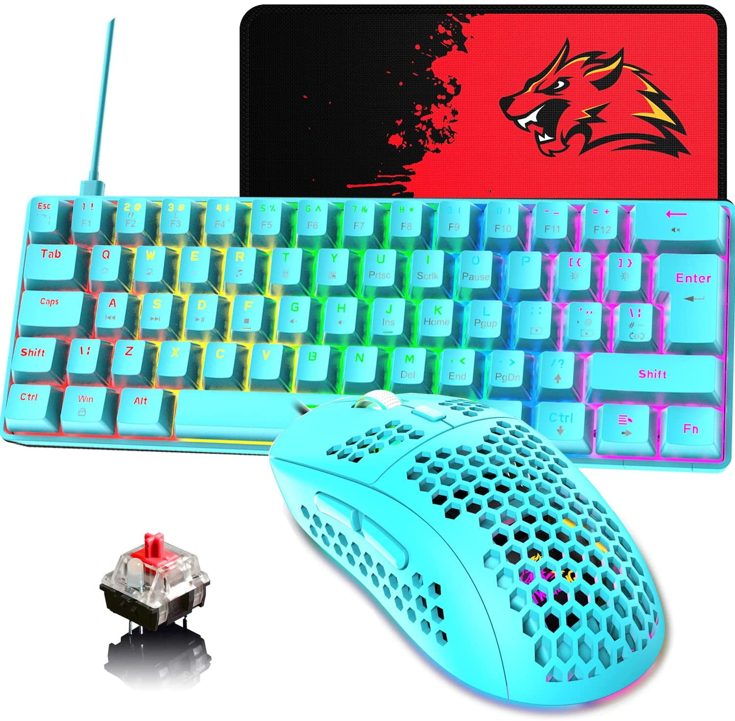 60% Mechanical Gaming Keyboard Mini 68 Keys Wired Type C 18 RGB Backlight  Effects,Lightweight RGB 6400DPI Honeycomb Mouse,Large Mouse Pad Compatible