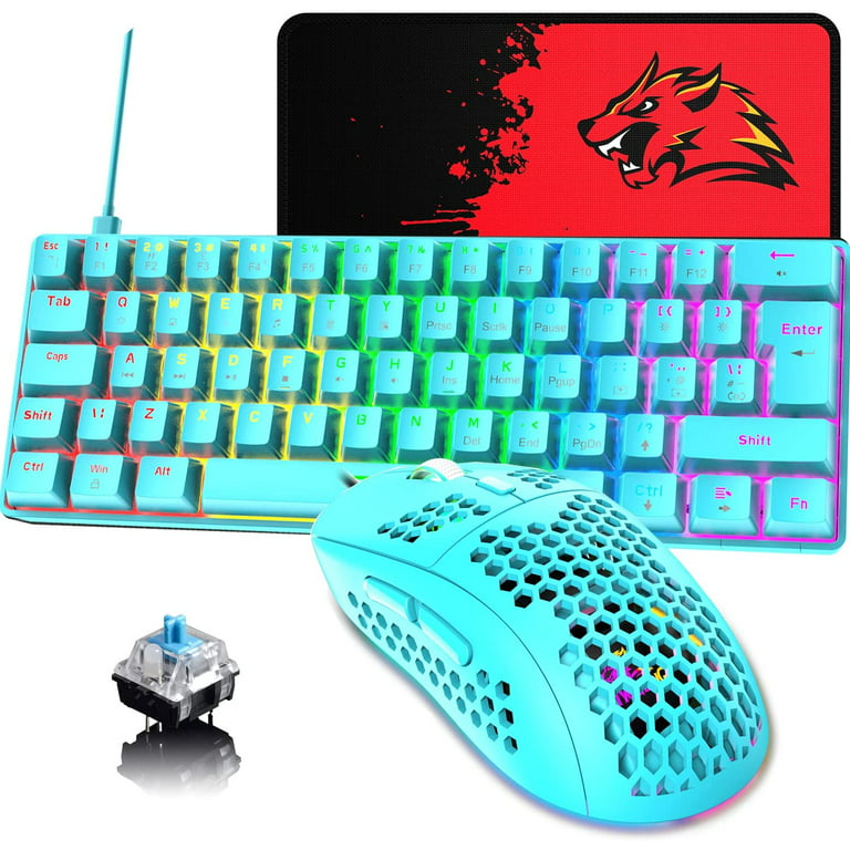 ZIYOULANG Mechanical Keyboard 60% Compact 62 Keys Wired USB-C Rainbow  Backlight Effects Gaming Keyboard, 6400 DPI RGB Backlit Gaming Mice For