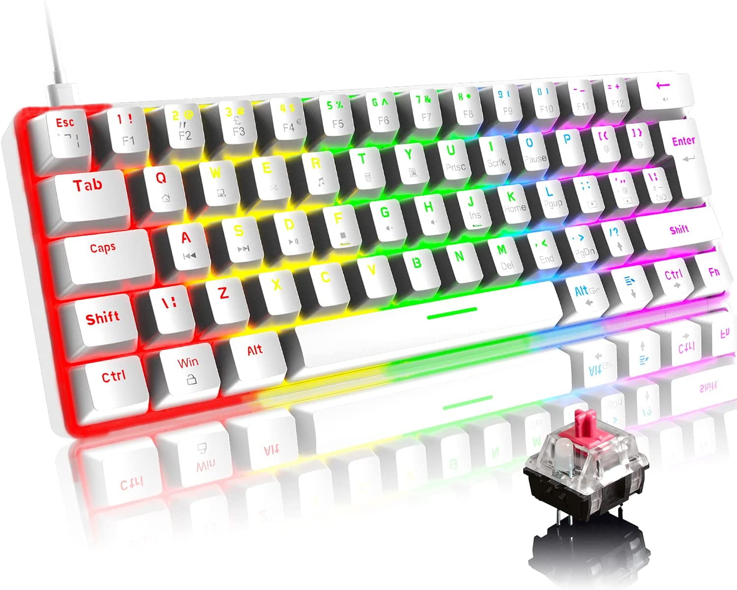 ZIYOULANG T60 Wired Gaming Keyboard 60% Mechanical Keyboard Mini Portable 61 Keys Multi Color RGB Illuminated LED Backlit Waterproof for PC/Mac PS4 Xbox Gamer, Typist, Travel- White/Red Switch