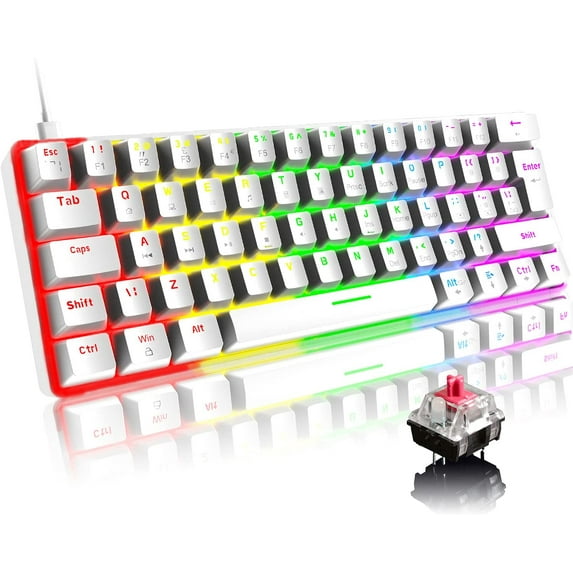 ZIYOULANG T60 Wired Gaming Keyboard 60% Mechanical Keyboard Mini Portable 61 Keys Multi Color RGB Illuminated LED Backlit Waterproof for PC/Mac PS4 Xbox Gamer, Typist, Travel- White/Red Switch