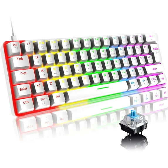 ZIYOULANG T60 Wired Gaming Keyboard 60% Mechanical Keyboard Mini Portable 61 Keys Multi Color RGB Illuminated LED Backlit Waterproof for PC/Mac PS4 Xbox Gamer, Typist, Travel- White/Blue Switch