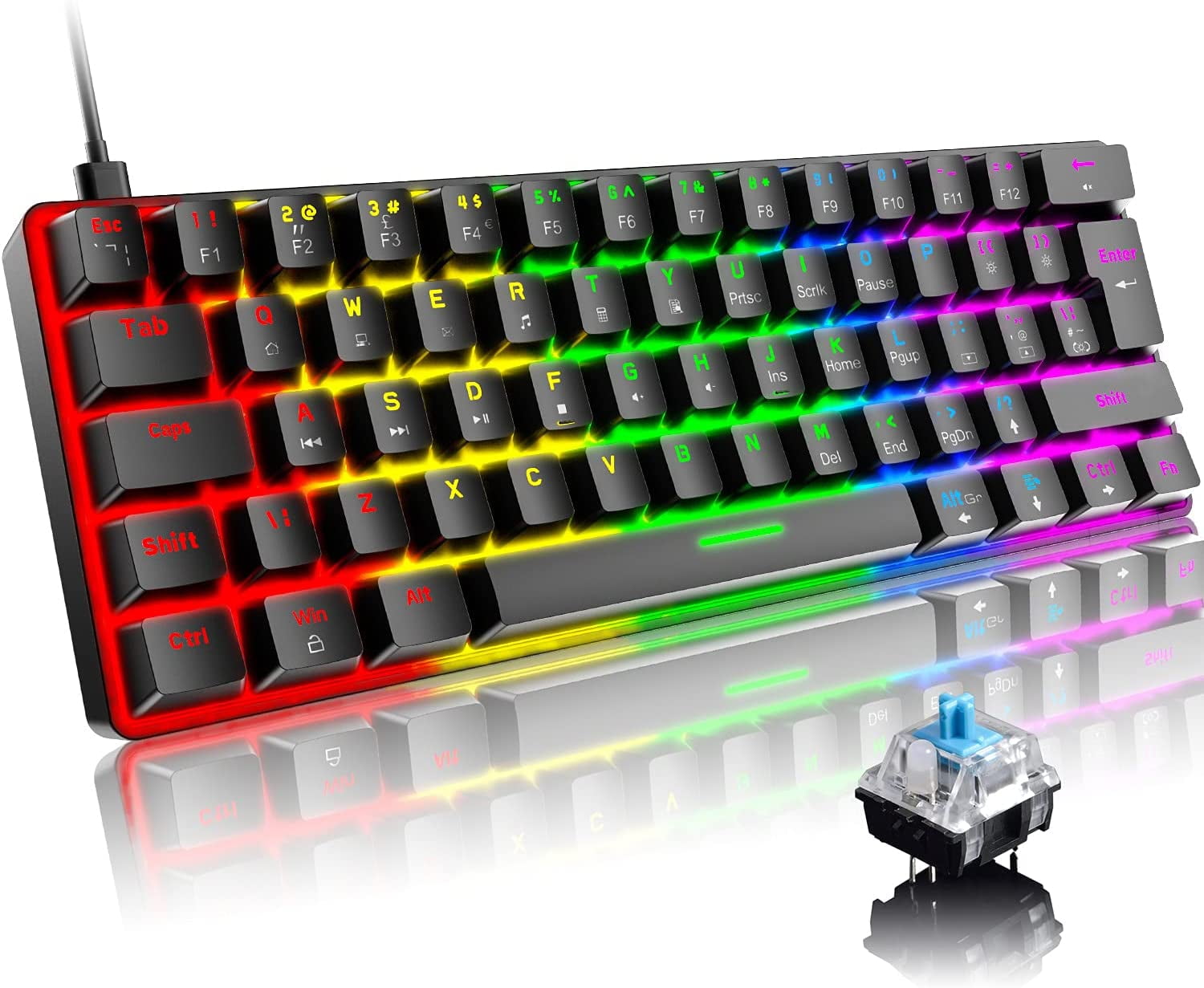 ZIYOULANG T60 Wired Gaming Keyboard, 60% Mechanical, 61 Keys, RGB