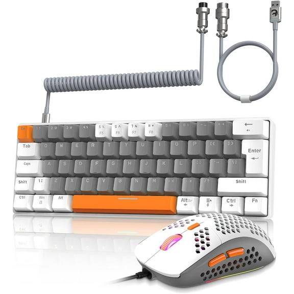ZIYOULANG T60 Wired Mechanical Gaming Keyboard and Mouse Combo Mini Portable Rainbow Backlit 62 Keys 6400DPI RGB Beehive Mouse Coil Pilot C-Line for PS4/PC/WIN Gamers (White/Red Switch)
