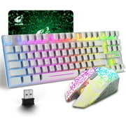 ZIYOULANG Wireless Gaming Keyboard and Mouse Combo with 87 Key Rainbow LED Backlight Rechargeable 3800mAh Battery Mechanical Feel Ergonomic Waterproof RGB Mute Mice for Computer PC Mac PS4 Gamer-White