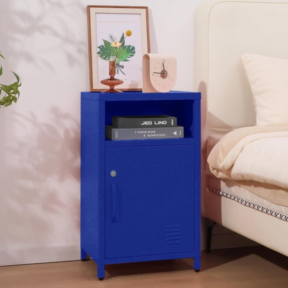 ZIYUN Blue Metal Nightstand with Lockable Cabinet, Industrial Side Table with Open Storage Shelf