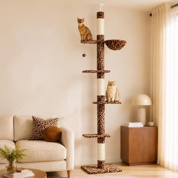 ZIYUN Floor to Ceiling Cat Tree 95"-108", Leopard 5 Level Cat Tower with Hammock & Scratching Posts