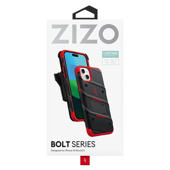 ZIZO BOLT BUNDLE IPHONE 15 PLUS CASE WITH TEMPERED GLASS - BLACK/RED