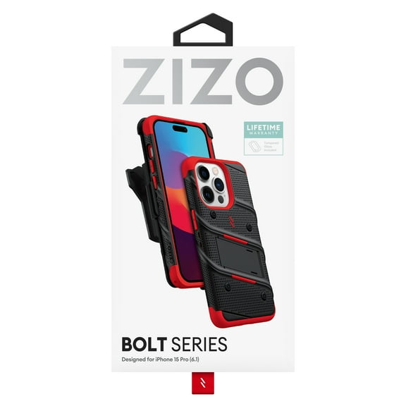 ZIZO BOLT BUNDLE IPHONE 15 PRO CASE WITH TEMPERED GLASS - BLACK/RED
