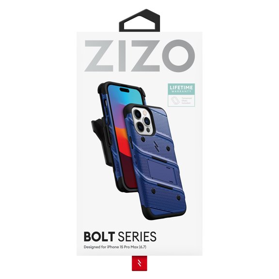 ZIZO BOLT BUNDLE IPHONE 15 PRO MAX CASE WITH TEMPERED GLASS - BLUE