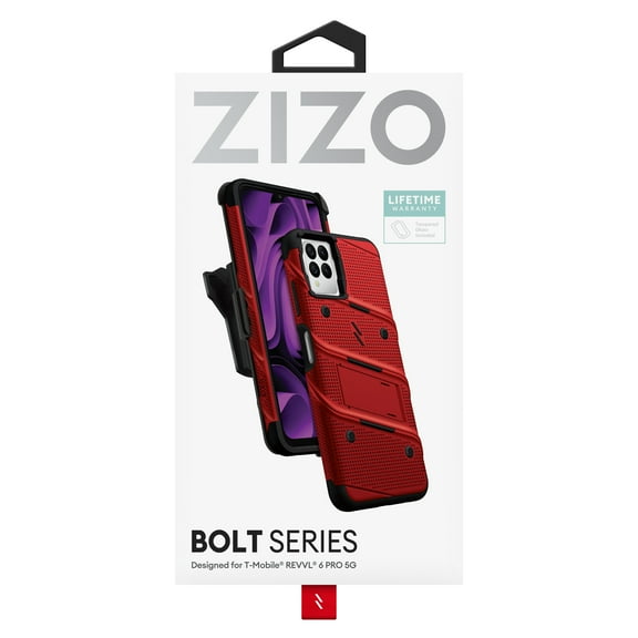 ZIZO BOLT BUNDLE T-MOBILE REVVL 6 PRO 5G CASE WITH TEMPERED GLASS RED & BLACK