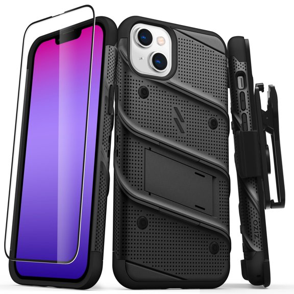 ZIZO BOLT Bundle for iPhone 14 Plus (6.7) Case with Screen Protector Kickstand Holster Lanyard - Black