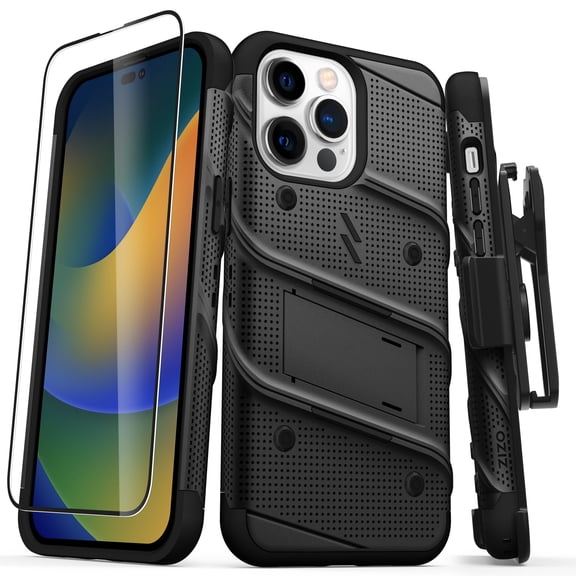 ZIZO BOLT Bundle for iPhone 14 Pro Max (6.7) Case with Screen Protector Kickstand Holster Lanyard - Black
