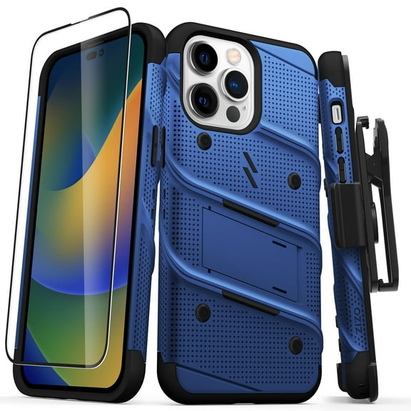 ZIZO BOLT Bundle for iPhone 14 Pro Max (6.7) Case with Screen Protector Kickstand Holster Lanyard - Blue