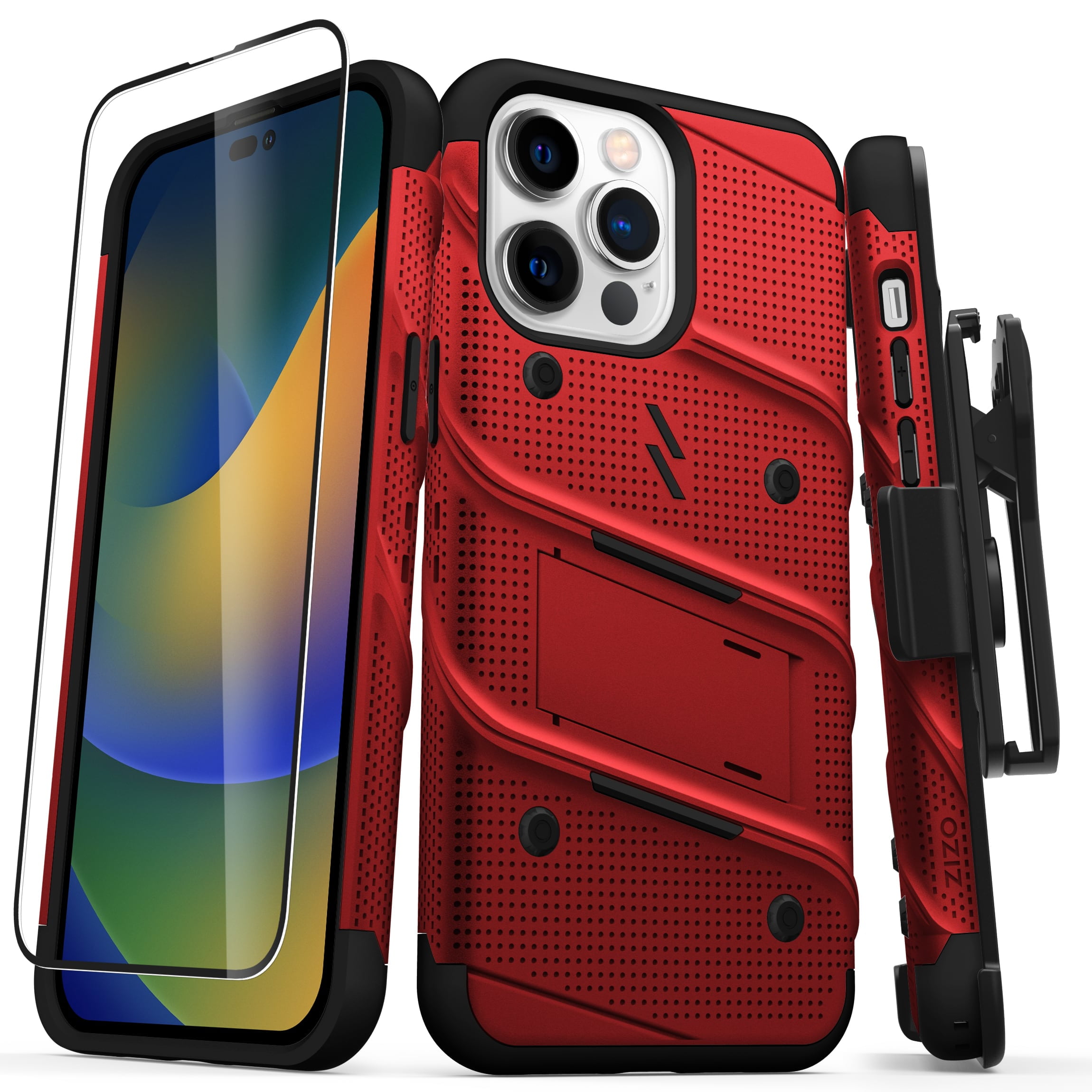 ZIZO BOLT Bundle for iPhone 14 Pro Max (6.7) Case with Screen Protector Kickstand Holster Lanyard - Red