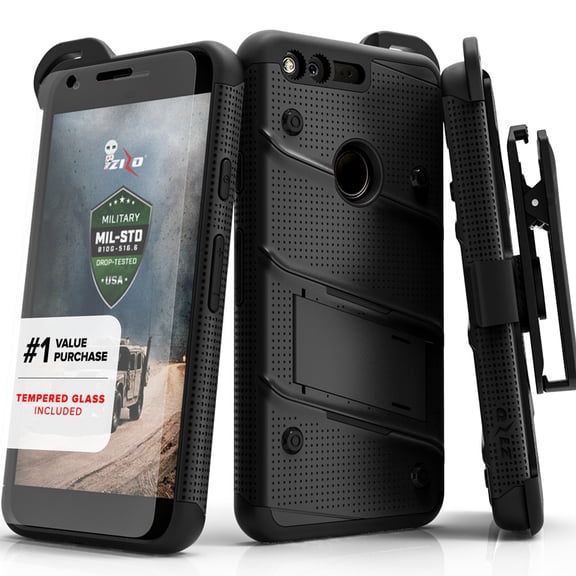 ZIZO BOLT Series Google Pixel XL w/ [Screen Protector] Kickstand [12 ft. Military Grade Drop Tested] Holster Clip (Black/Black)