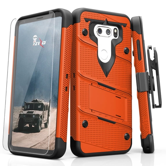 ZIZO BOLT Series LG V30 Case Military Grade Drop Tested with Tempered Glass Screen Protector, Holster LG V35 ThinQ Case ORANGE BLACK
