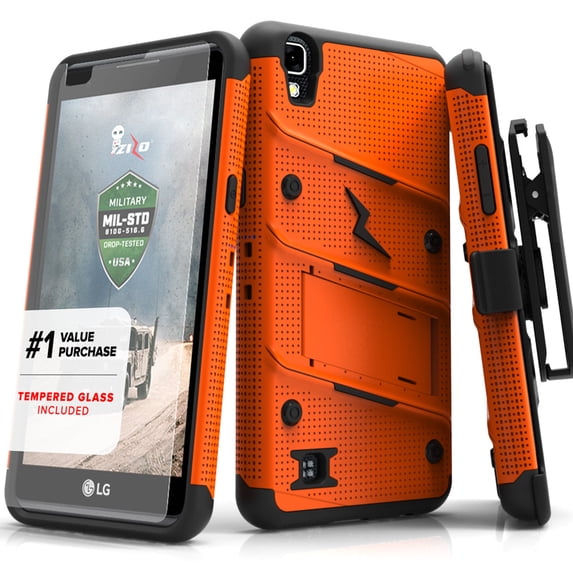 ZIZO BOLT Series LG X Power Case Military Grade Drop Tested with Tempered Glass Screen Protector, Holster, Kickstand ORANGE BLACK