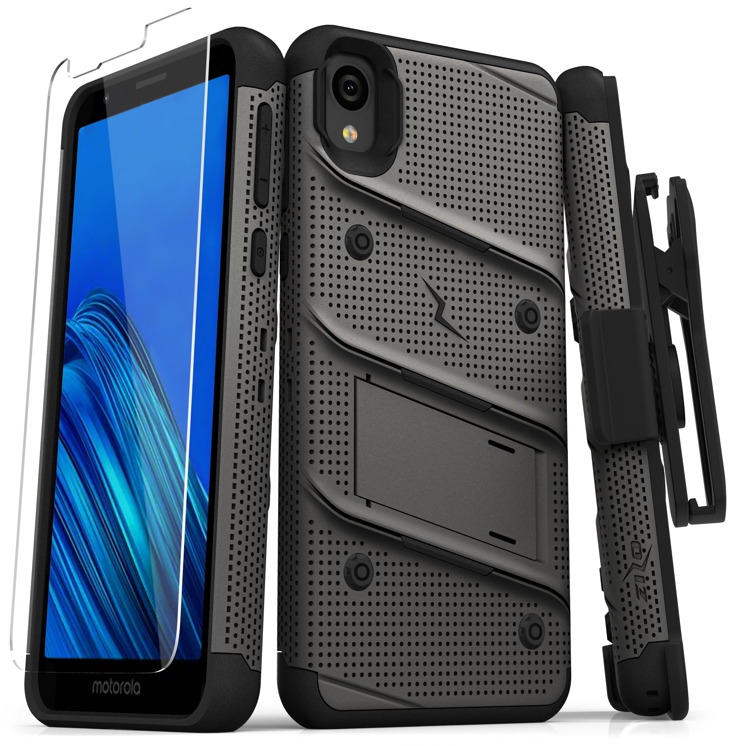 ZIZO BOLT Series Motorola Moto E6 Case | Heavy-duty Military-grade Drop Protection w/ Kickstand Included Belt Clip Holster Tempered Glass Lanyard (Metal Gray/Black)