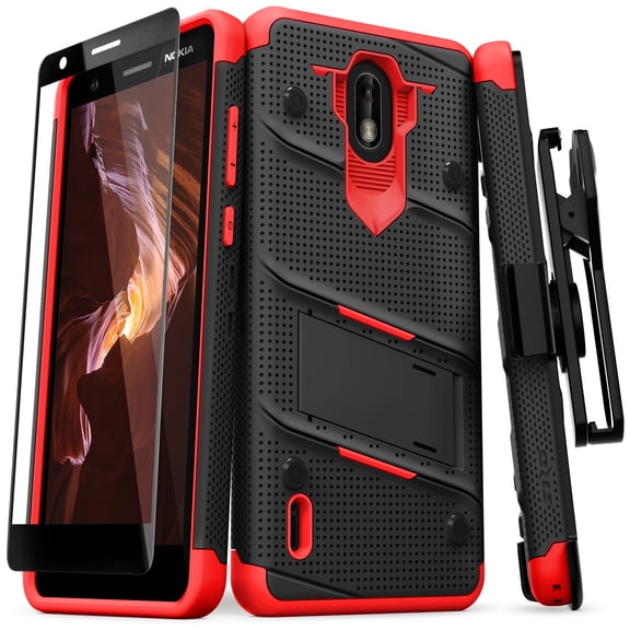 ZIZO BOLT Series Nokia 3.1 C Case Military Grade Drop Tested with Full Glass Screen Protector Holster and Kickstand Black Red