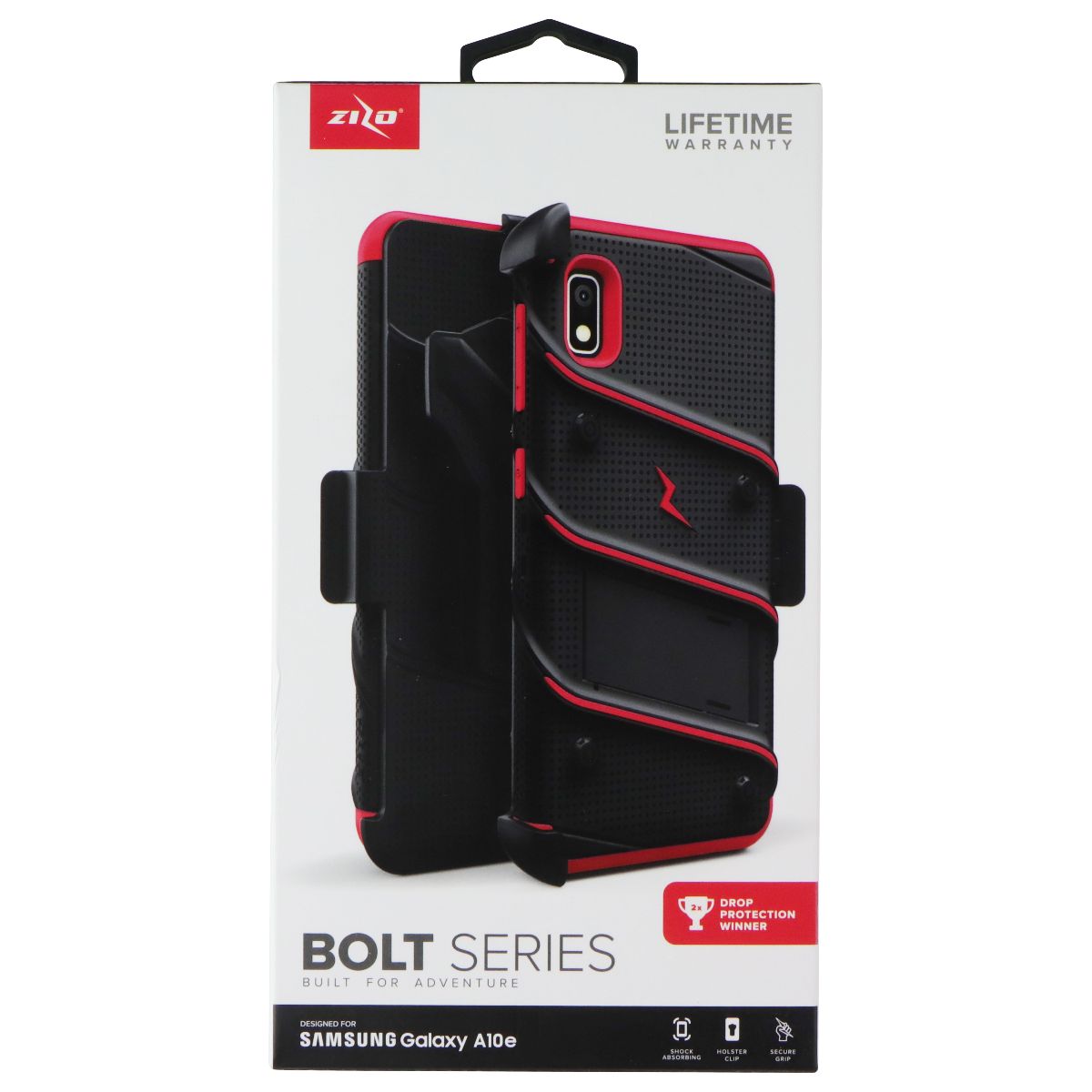 ZIZO BOLT Series for Samsung Galaxy A10e Case | Heavy-duty Military-grade Drop Protection w/ Kickstand Included Belt Clip Holster Tempered Glass Lanyard (Black/Red)