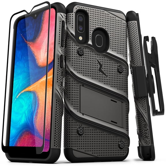 ZIZO BOLT Series for Samsung Galaxy A20 Case | Heavy-duty Military-grade Drop Protection w/ Kickstand Included Belt Clip Holster Tempered Glass Lanyard Galaxy A50 - Metal Gray