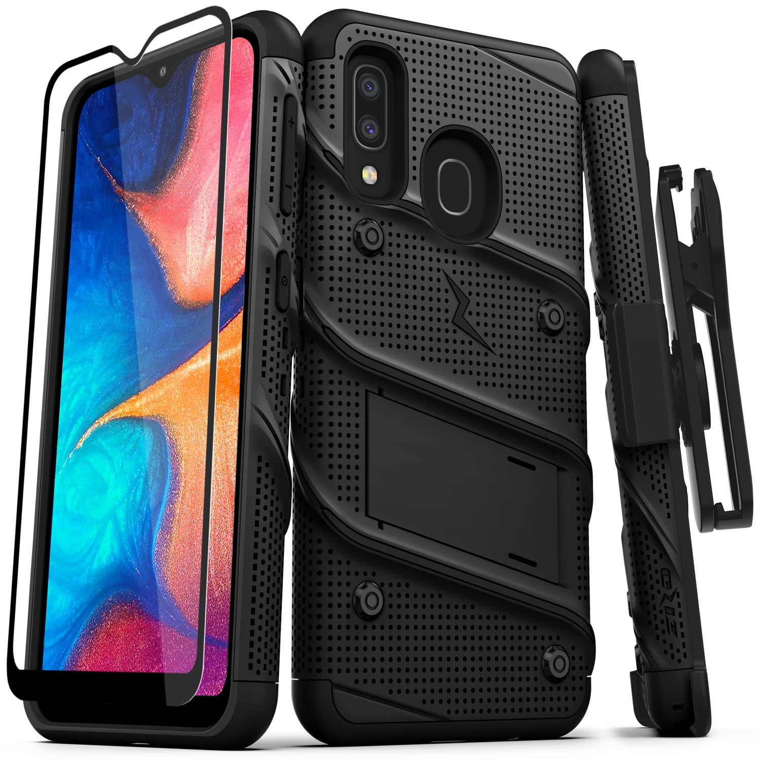 ZIZO BOLT Series for Samsung Galaxy A20 Case | Heavy-duty Military-grade Drop Protection w/ Kickstand Included Belt Clip Holster Tempered Glass Lanyard Galaxy A50 - Black
