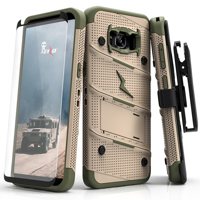 ZIZO BOLT Series Samsung Galaxy S8 Plus Case Military Grade Drop Tested with Tempered Glass Screen Protector Holster TAN CAMO GREEN