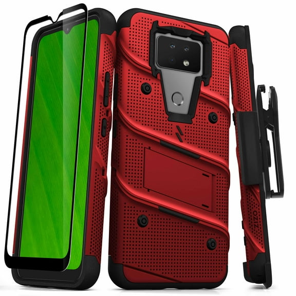 ZIZO BOLT Series for Cricket Ovation 2 Case with Screen Protector Kickstand Holster Lanyard - Red & Black