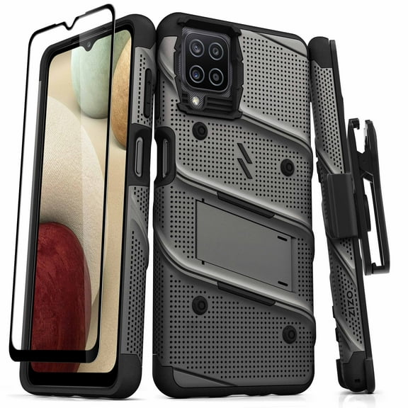 ZIZO BOLT Series for Galaxy A12 Case with Screen Protector Kickstand Holster Lanyard - Gun Metal Gray