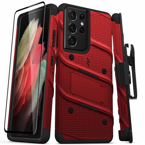 ZIZO BOLT Series for Galaxy S21 Ultra Case with Screen Protector Kickstand Holster Lanyard - Red & Black