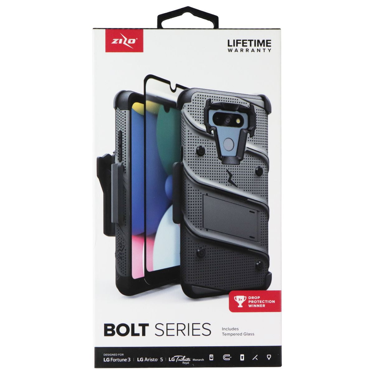 ZIZO BOLT Series for LG Fortune 3 Case with Screen Protector Kickstand Holster Lanyard - Gun Metal Gray & Black
