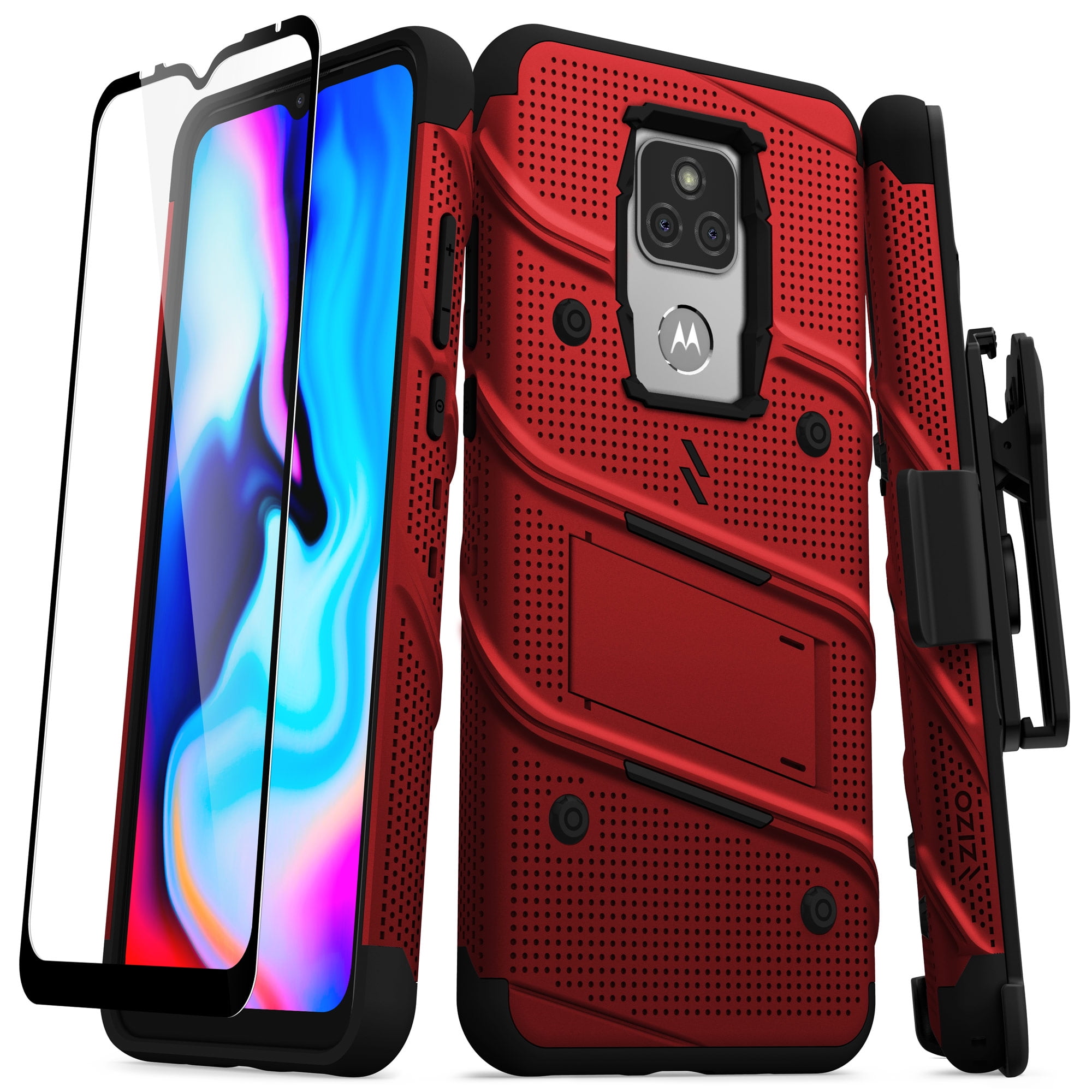 ZIZO BOLT Series for Moto G Play (2021) Case with Screen Protector Kickstand Holster Lanyard - Red & Black