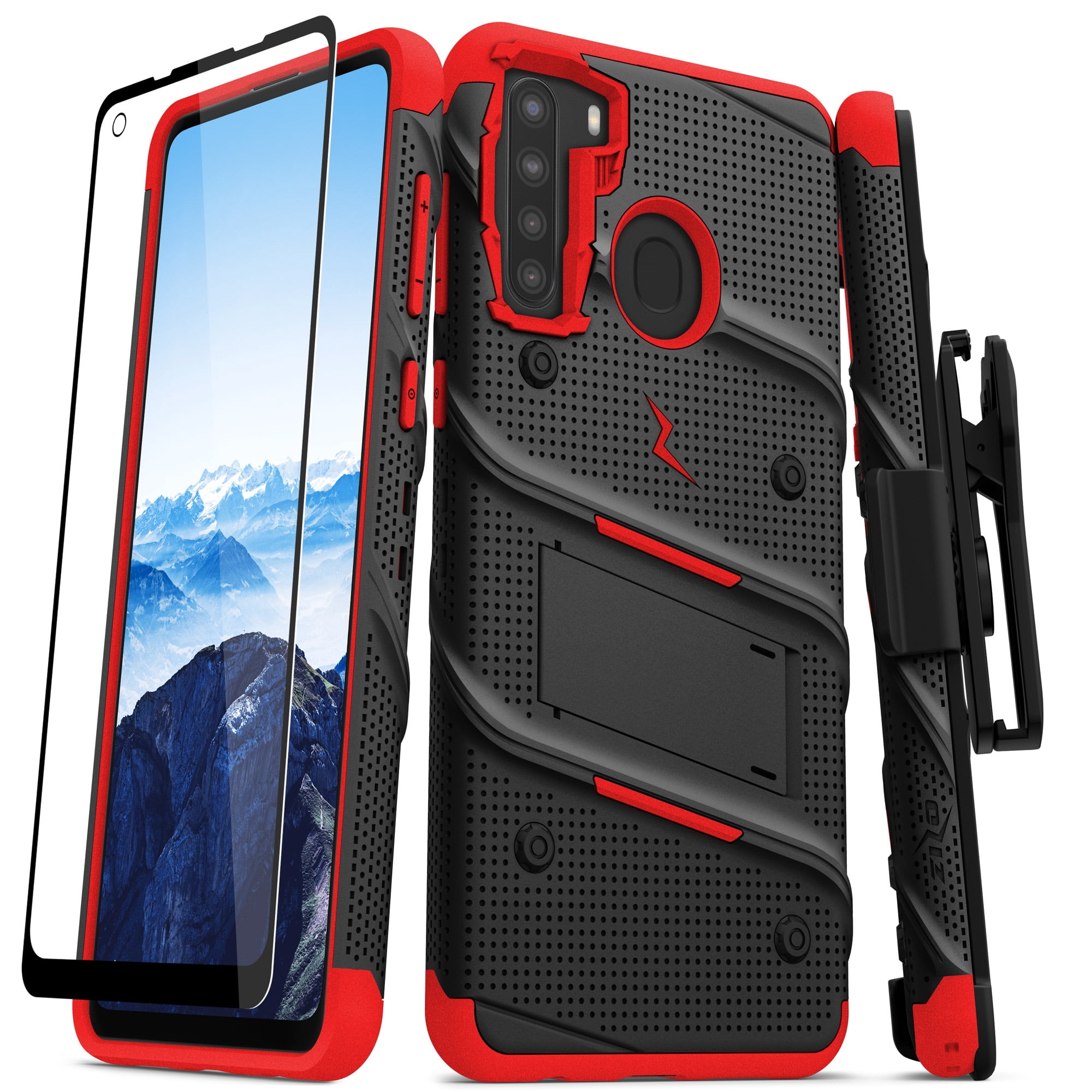 ZIZO BOLT Series for Samsung Galaxy A21 Case with Screen Protector Kickstand Holster Lanyard - Black & Red