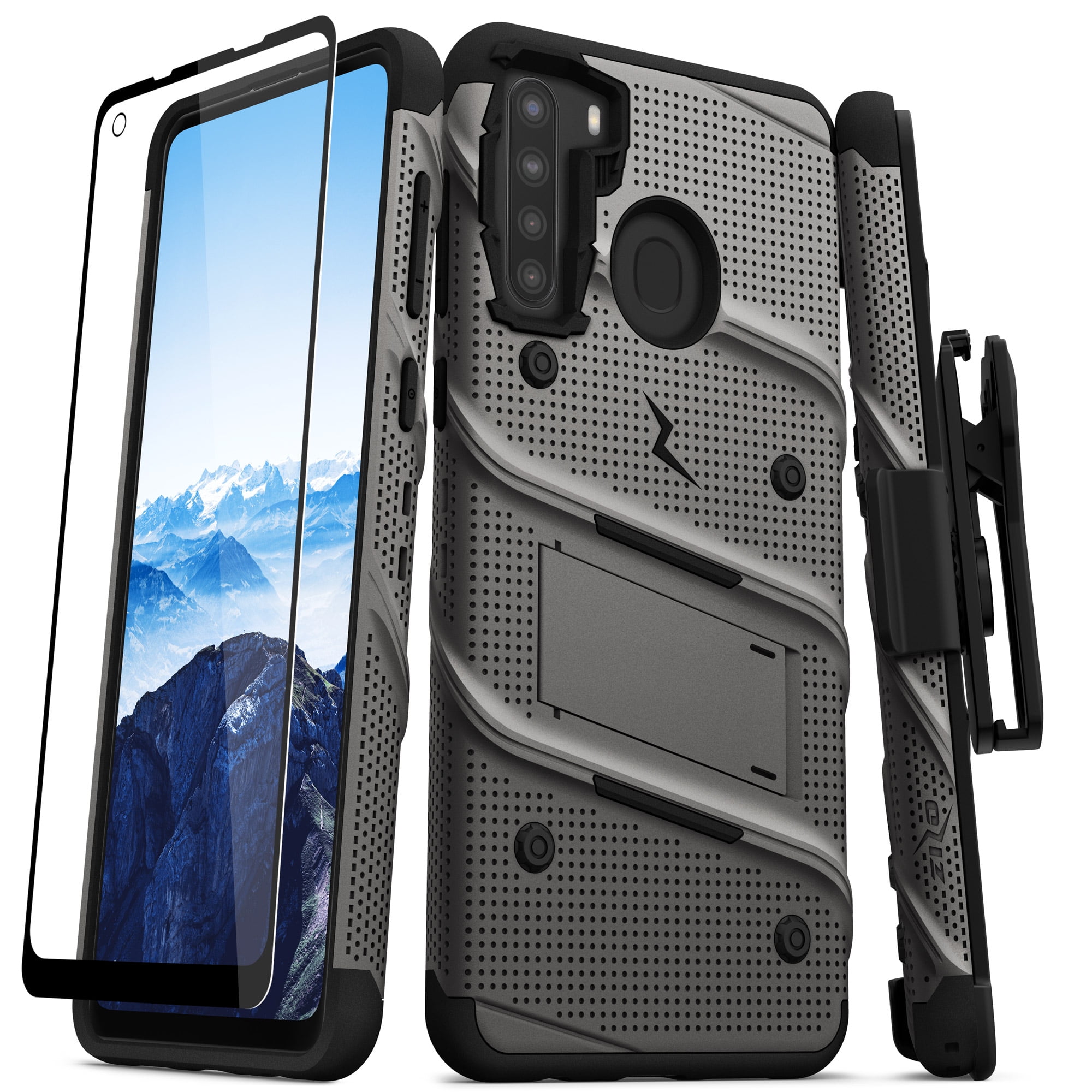ZIZO BOLT Series for Samsung Galaxy A21 Case with Screen Protector Kickstand Holster Lanyard - Gun Metal Gray & Black
