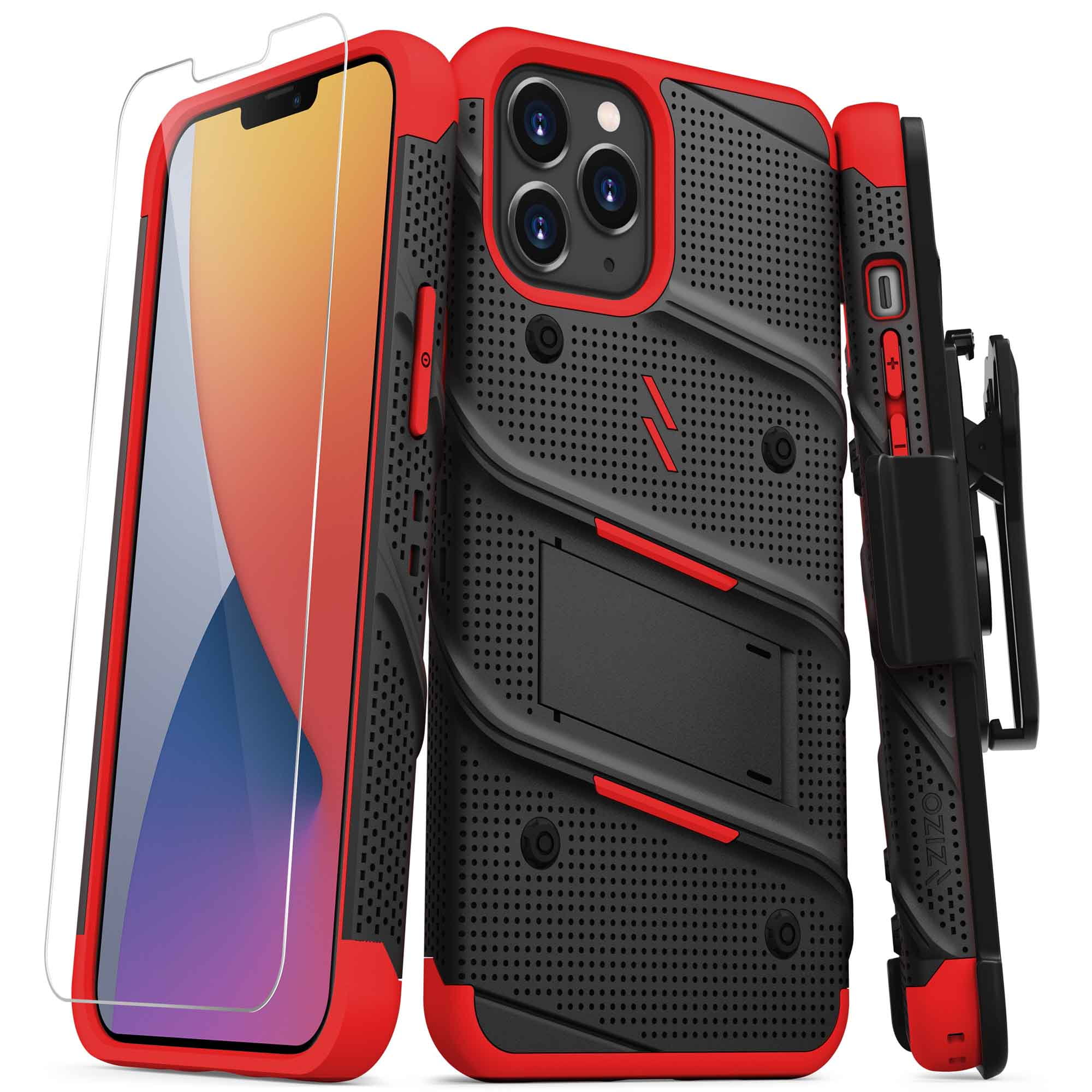 ZIZO BOLT Series for iPhone 12 Pro Max Case with Screen Protector Kickstand Holster Lanyard - Black & Red