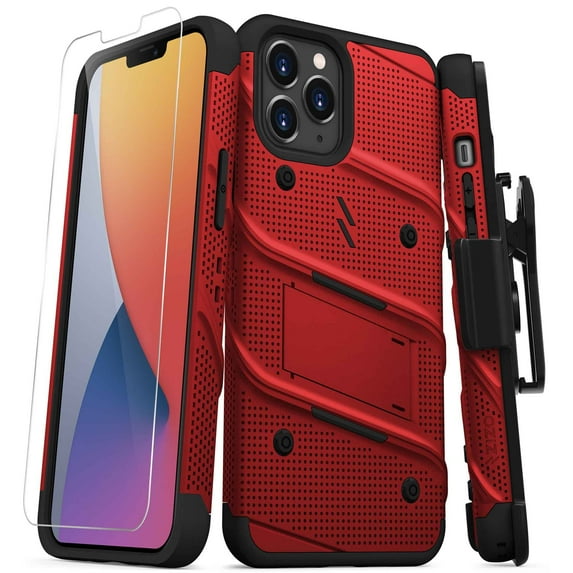 ZIZO BOLT Series for iPhone 12 Pro Max Case with Screen Protector Kickstand Holster Lanyard - Red & Black