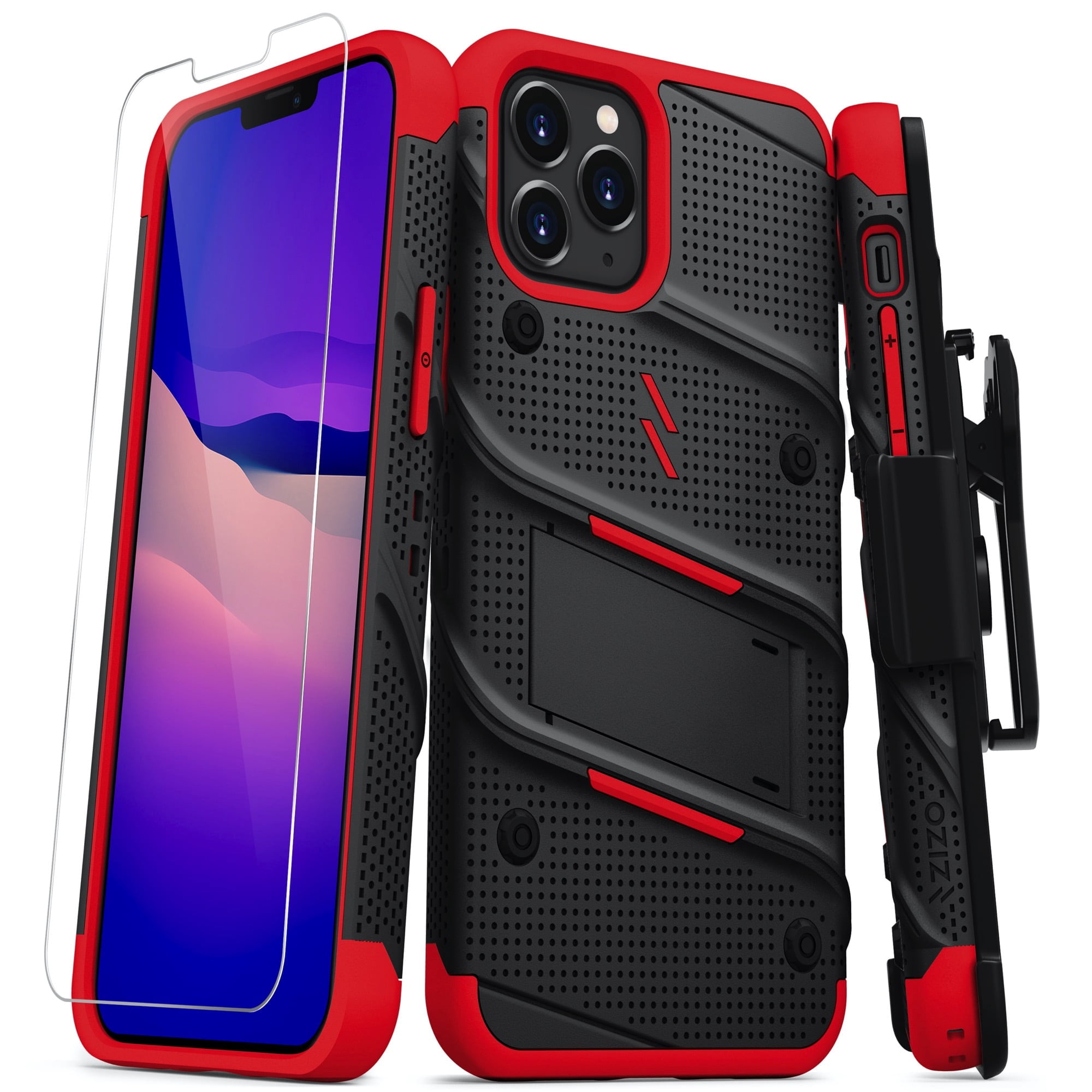 ZIZO BOLT Series for iPhone 12 / iPhone 12 Pro Case with Screen Protector Kickstand Holster Lanyard - Black & Red