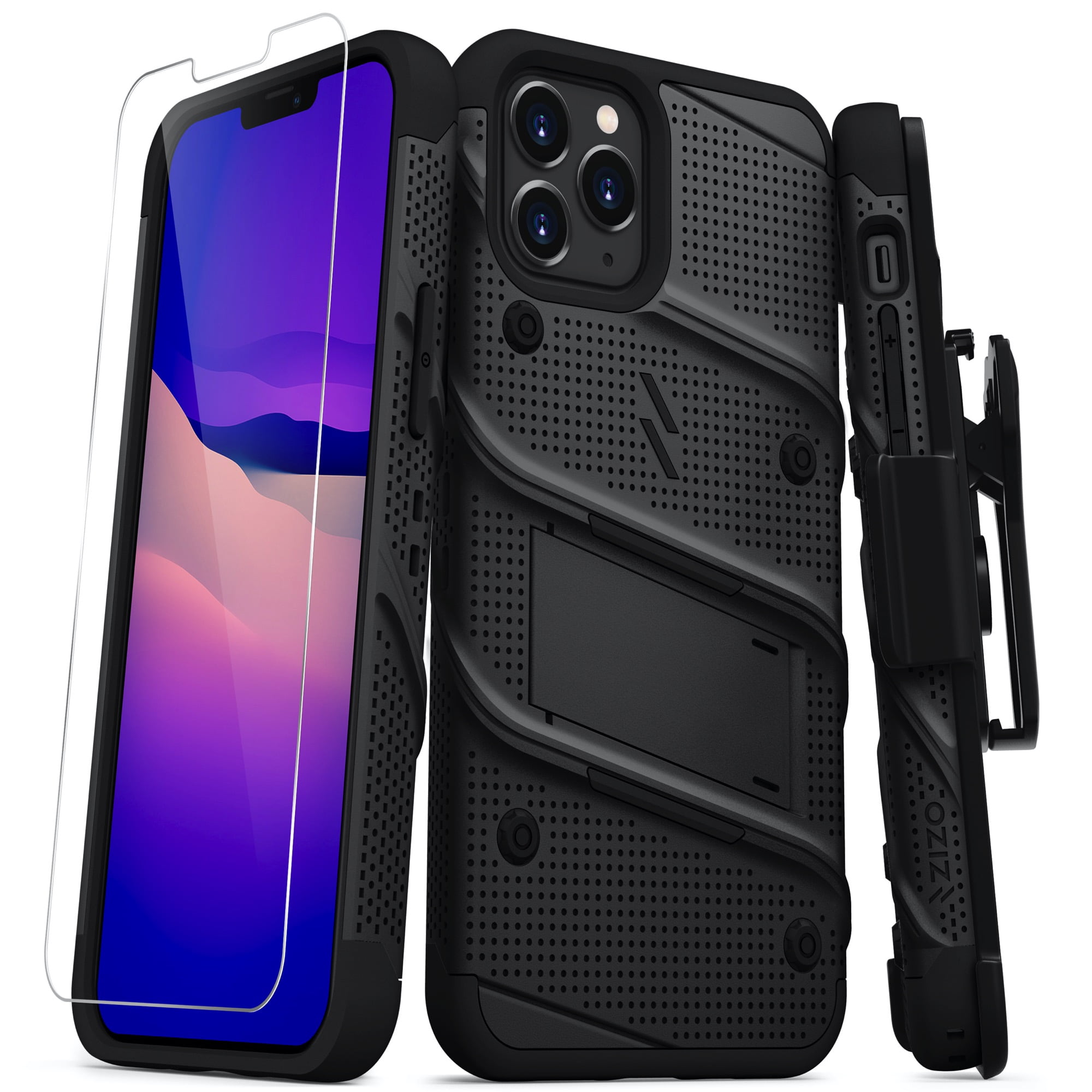 ZIZO BOLT Series for iPhone 12 / iPhone 12 Pro Case with Screen Protector Kickstand Holster Lanyard - Black