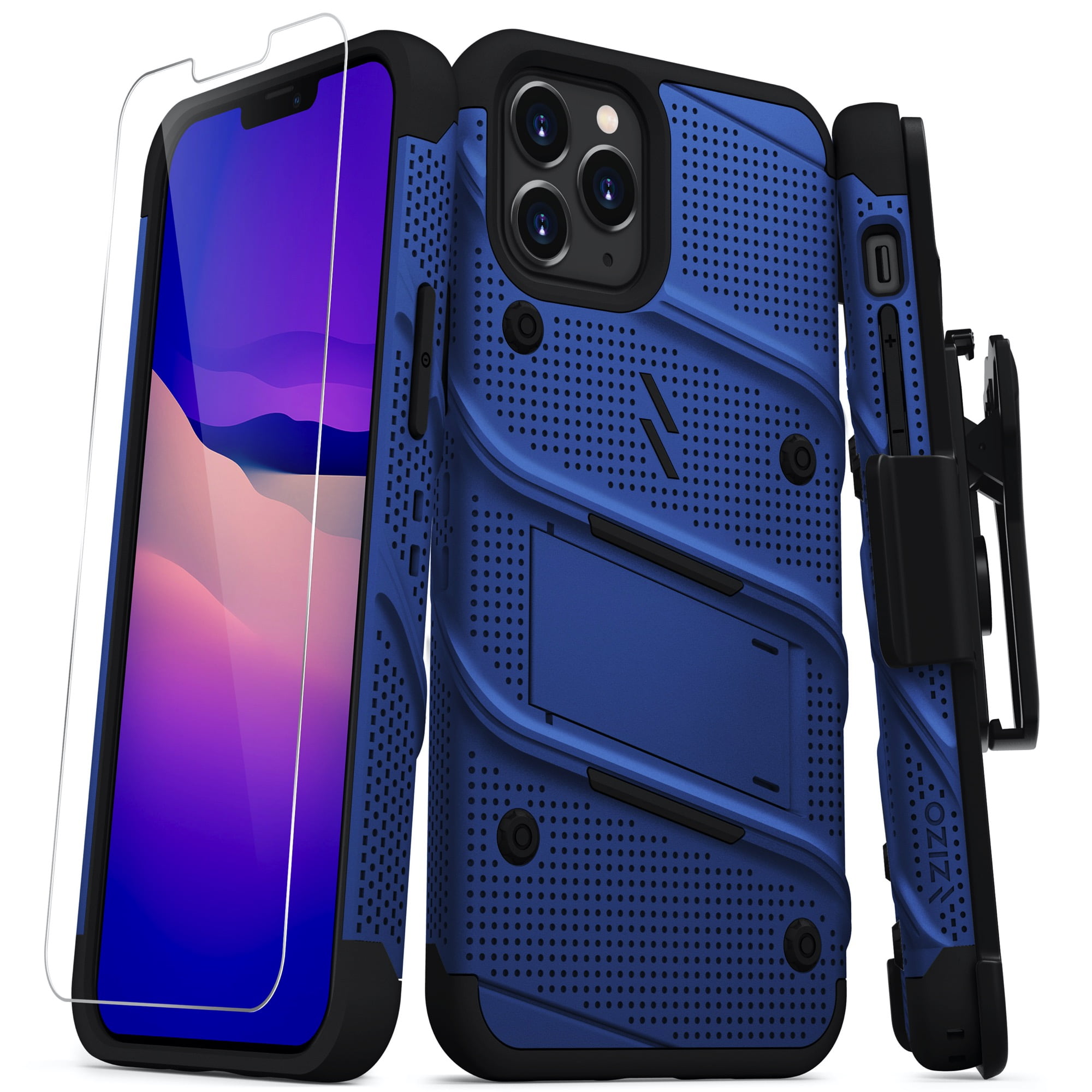 ZIZO BOLT Series for iPhone 12 / iPhone 12 Pro Case with Screen Protector Kickstand Holster Lanyard - Blue & Black